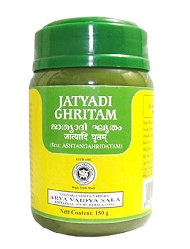 Jar of Kottakkal Jatyadi Ghritam (Ayurvedic wound healing ghee)